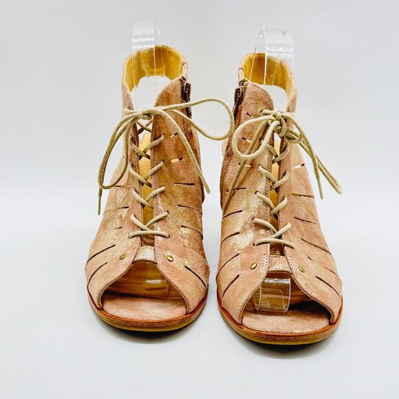 Paul Green Shoes Womens 7.5 Gold Leather Causal Cage Lace Up Open Toe Sandals - Picture 9 of 12